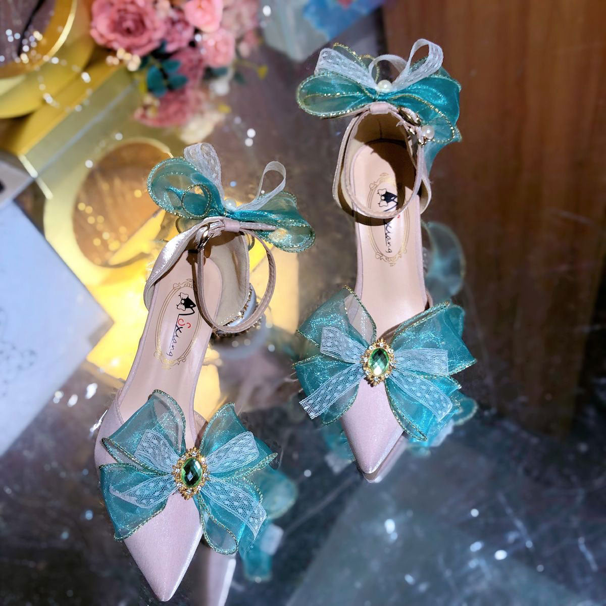 Lace Rainbow Bow Heels Shoes SE23417