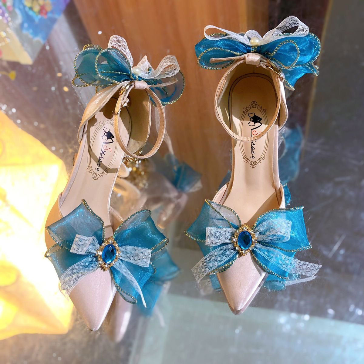 Lace Rainbow Bow Heels Shoes SE23417