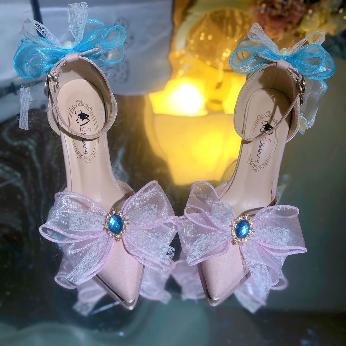 Lace Rainbow Bow Heels Shoes SE23417