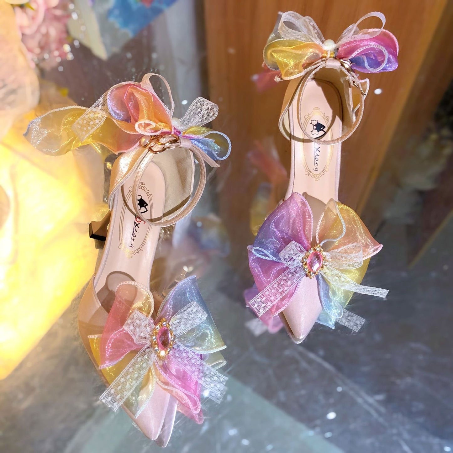 Lace Rainbow Bow Heels Shoes SE23417