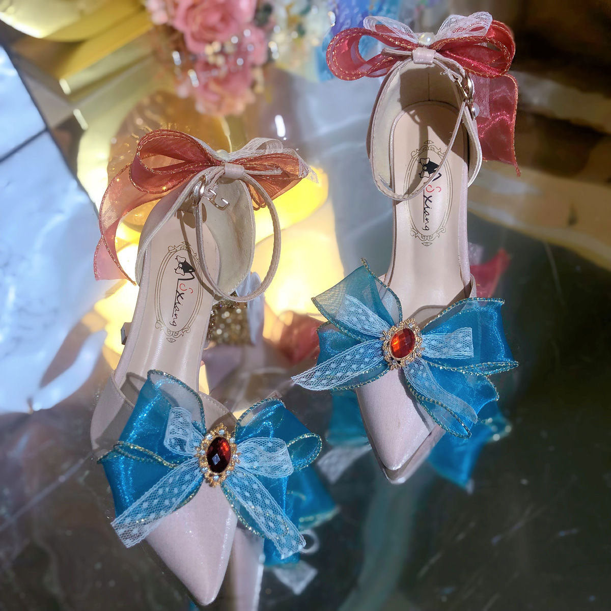 Lace Rainbow Bow Heels Shoes SE23417