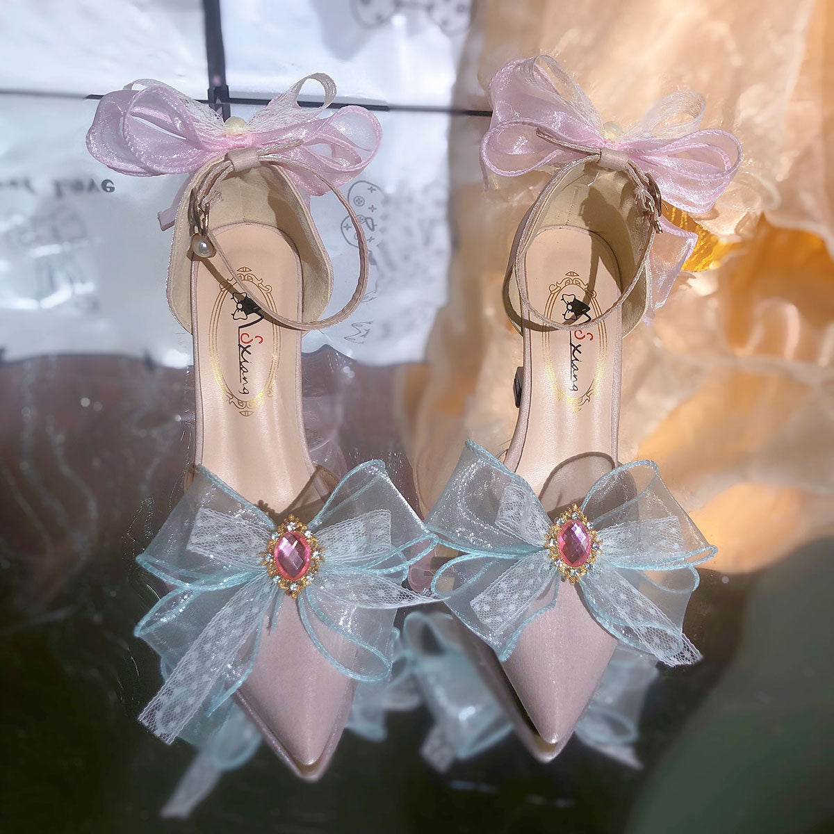 Lace Rainbow Bow Heels Shoes SE23417