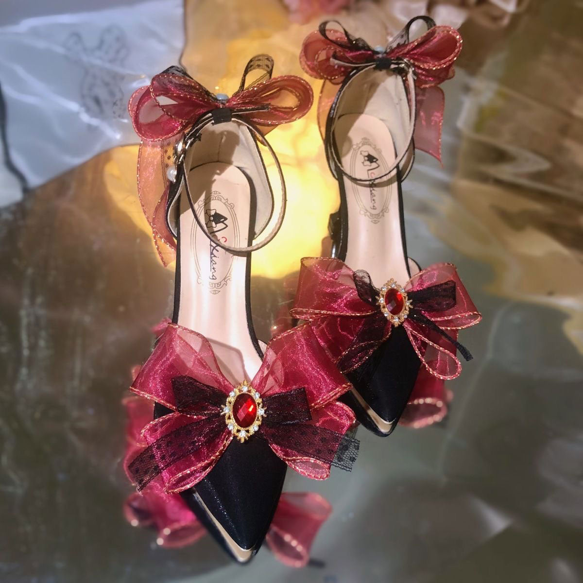 Lace Rainbow Bow Heels Shoes SE23417