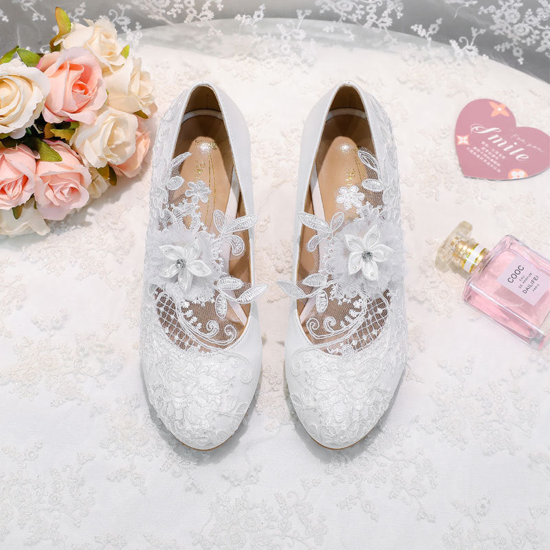 Lace Flower White Heels Shoes SE23589