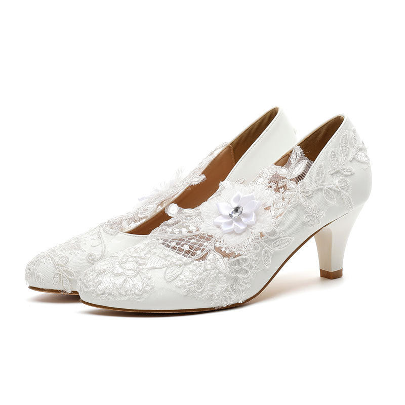Lace Flower White Heels Shoes SE23589