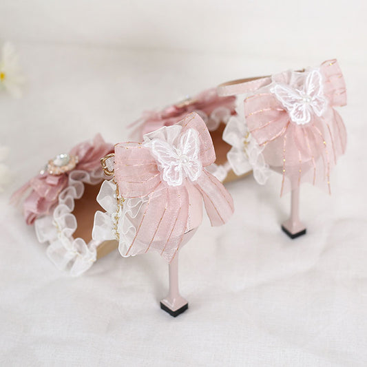 Lace butterfly Pink Bow Heels SE23360