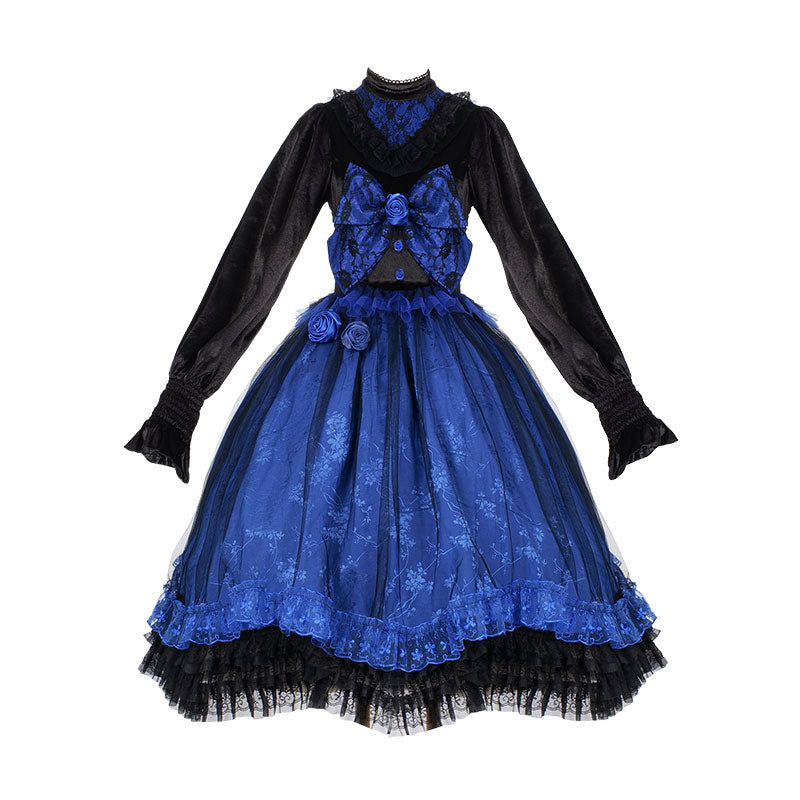 Lolita Blue Floral Lace Black Dress SE22896
