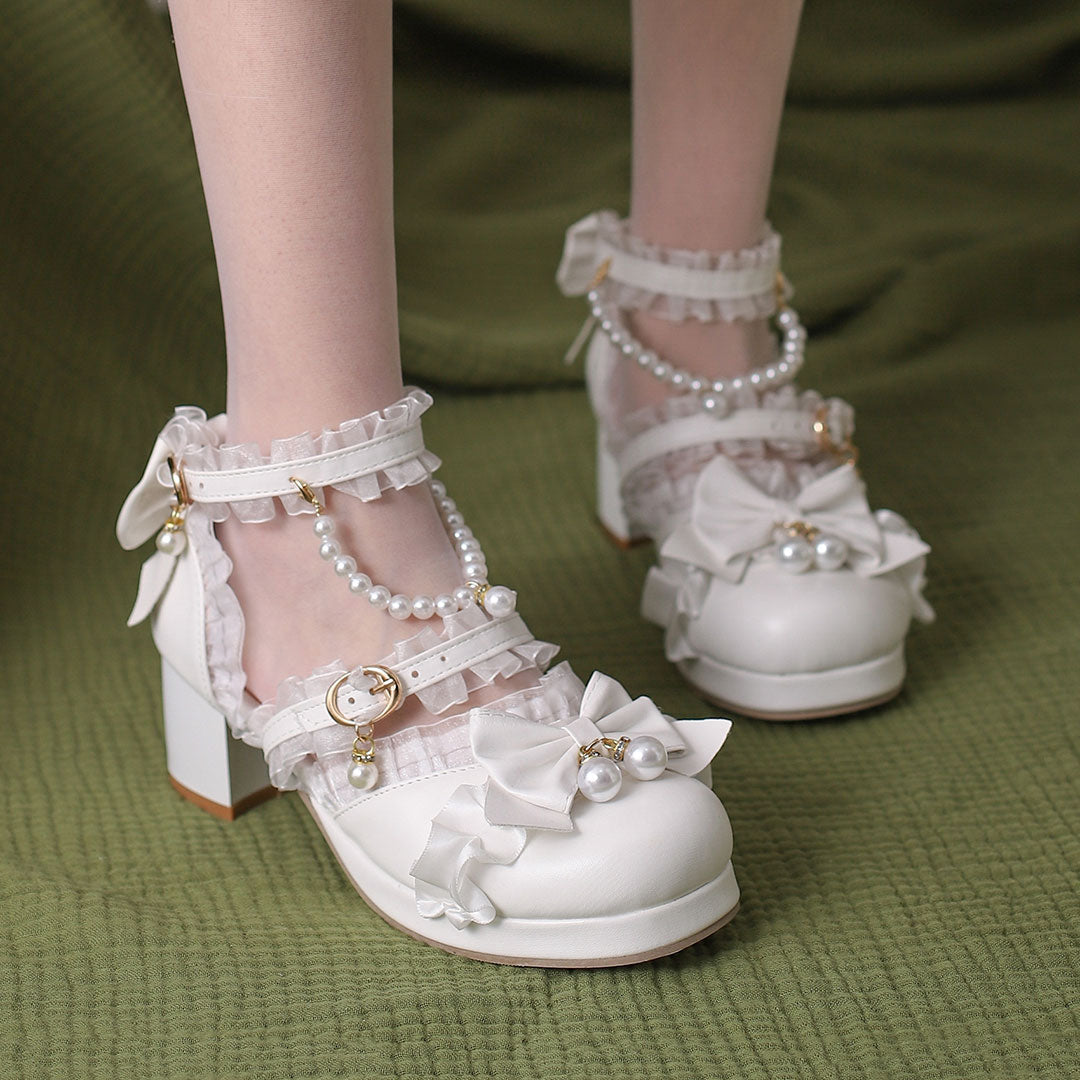 Lolita Bow Beaded Lace Heels Shoes SE22865