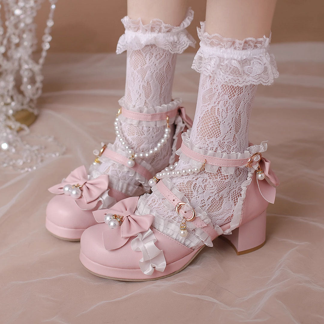 Lolita Bow Beaded Lace Heels Shoes SE22865