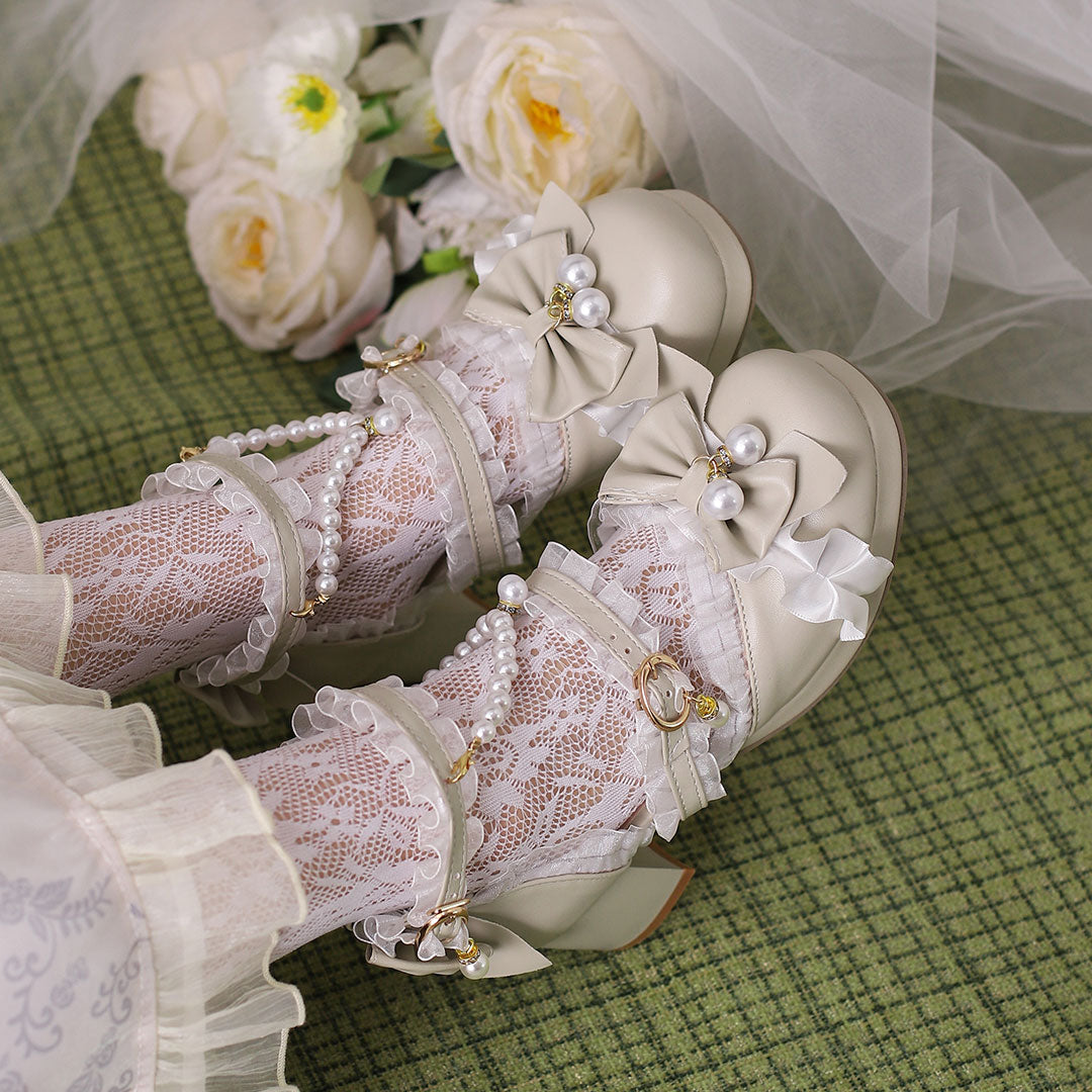 Lolita Bow Beaded Lace Heels Shoes SE22865