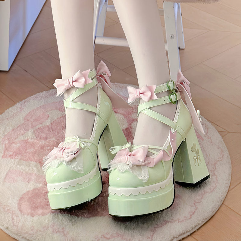 Lolita Bow Flower Heels Shoes SE23662