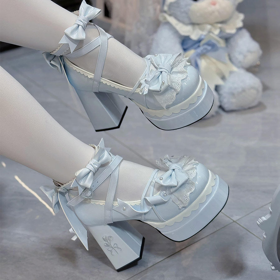 Lolita Bow Flower Heels Shoes SE23662