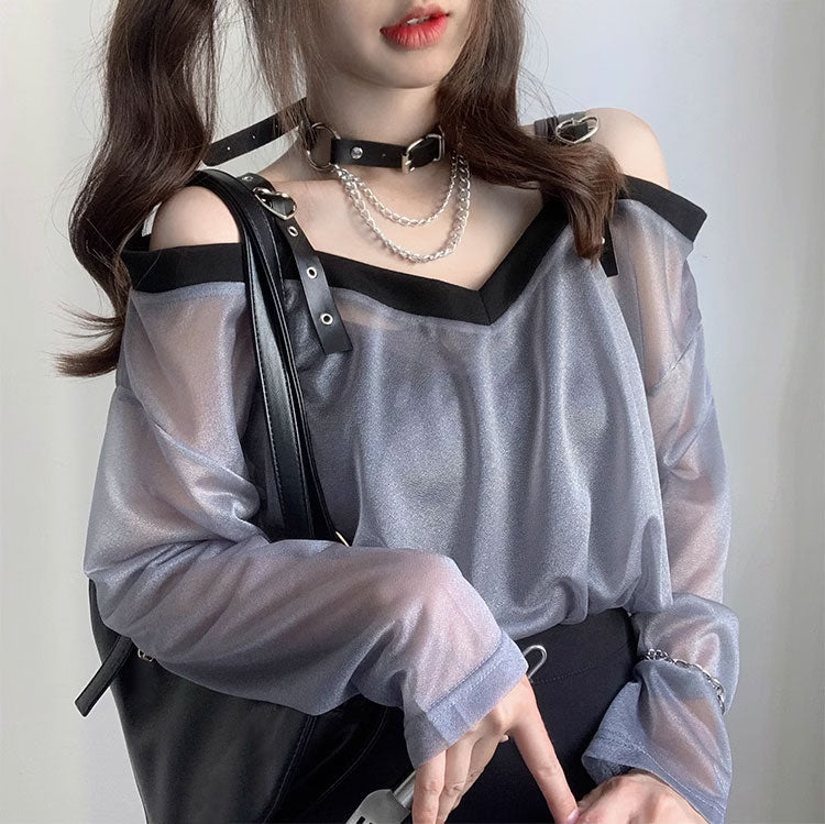 Mesh Leather Button Top SE22696