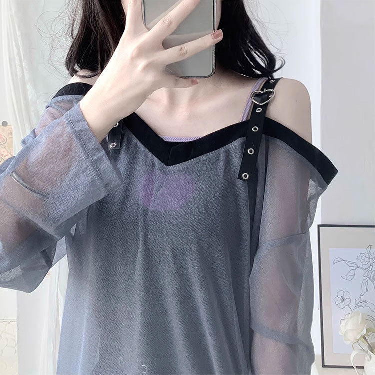 Mesh Leather Button Top SE22696