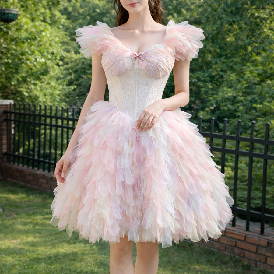 Pastel Fairy Tulle Dress with Lace Corset and Layered Petal Skirt SE23