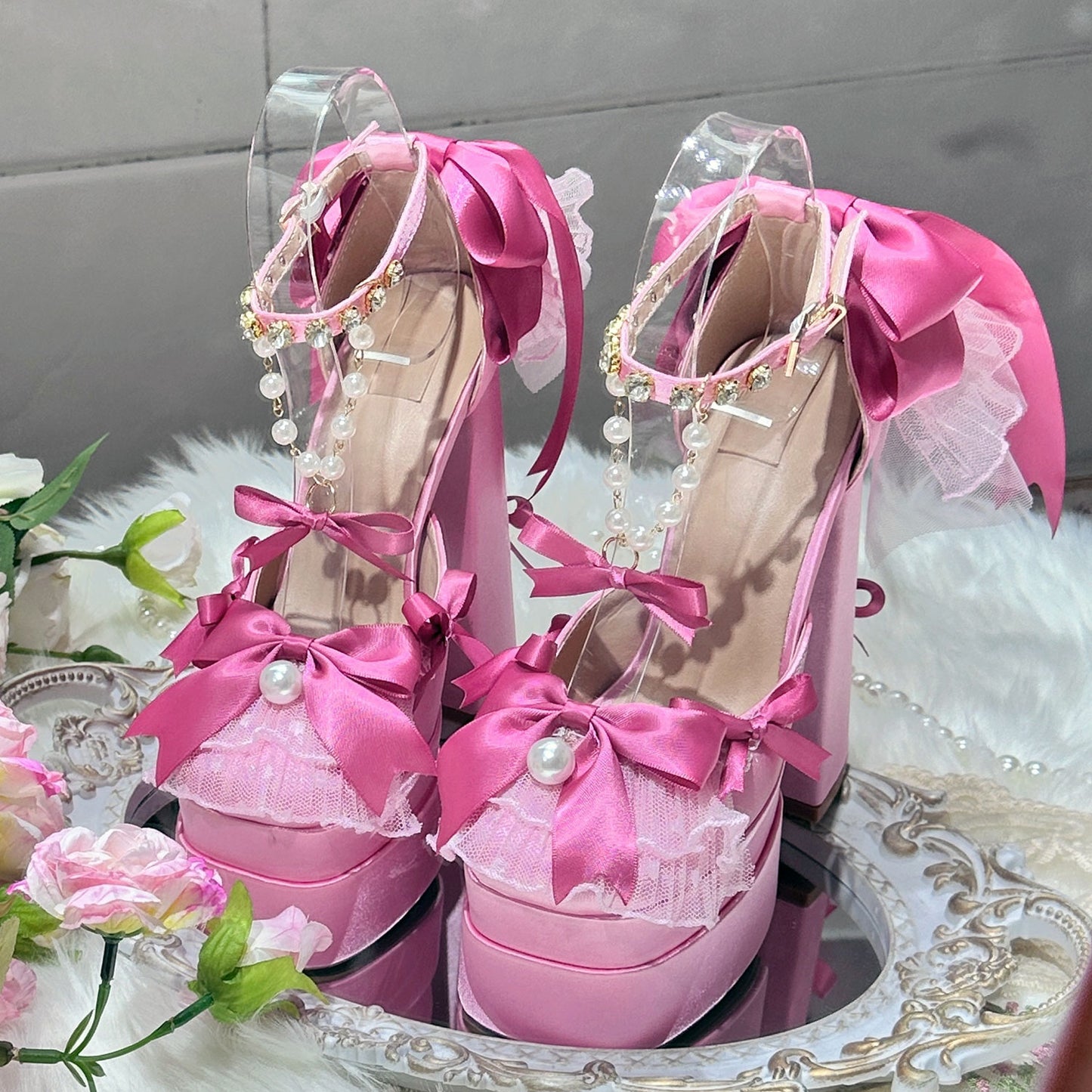 Pastel Lace Bow Heels Shoes SE23378
