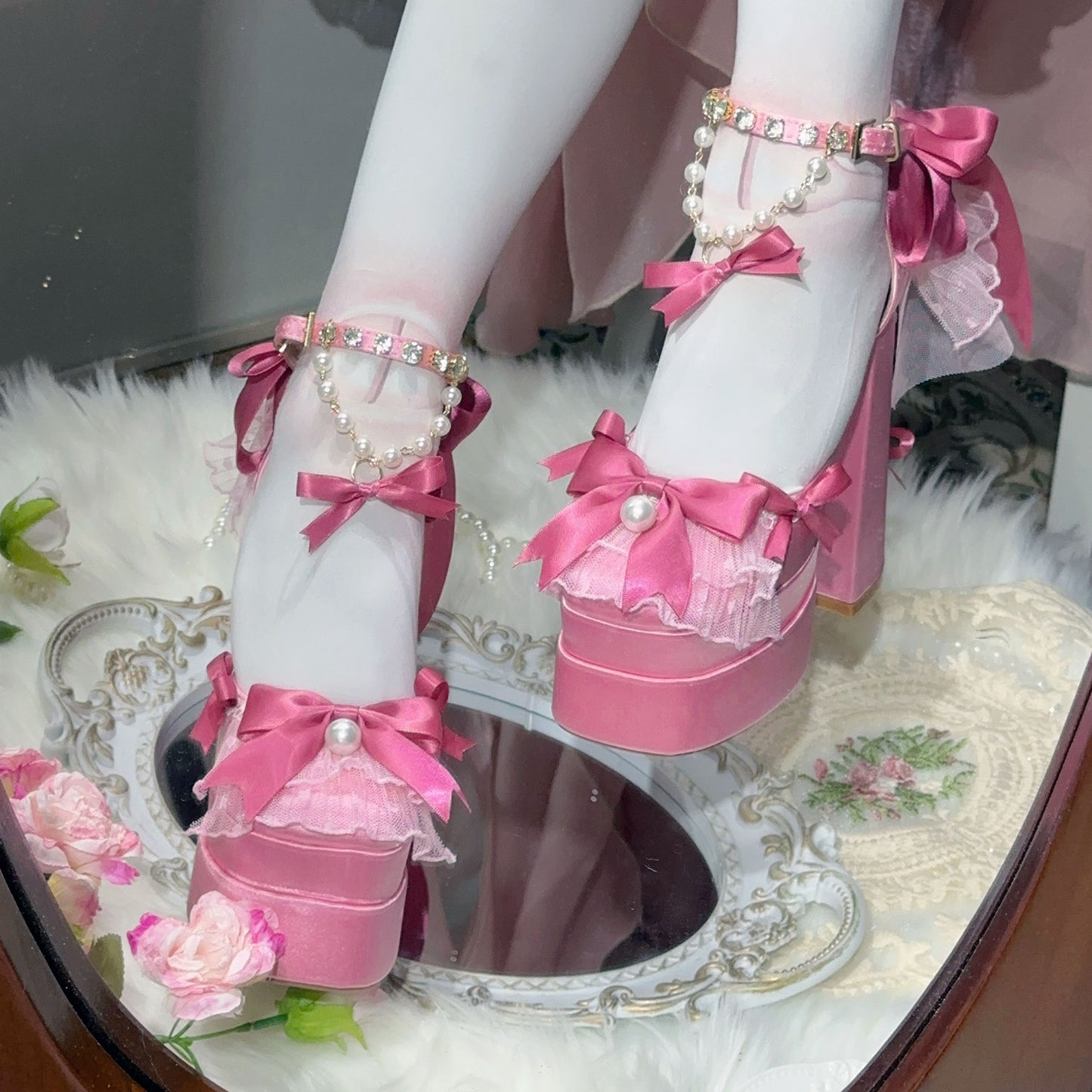 Pastel Lace Bow Heels Shoes SE23378