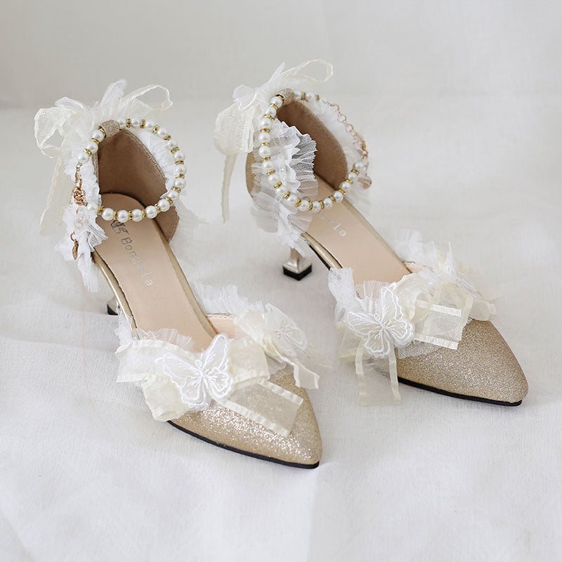 Pearl Lace Butterfly Heels Shoes SE23412
