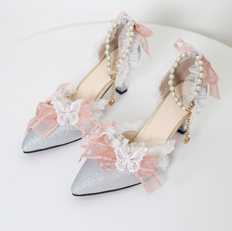 Pearl Lace Butterfly Heels Shoes SE23412