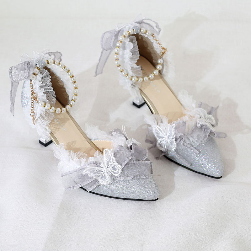 Pearl Lace Butterfly Heels Shoes SE23412