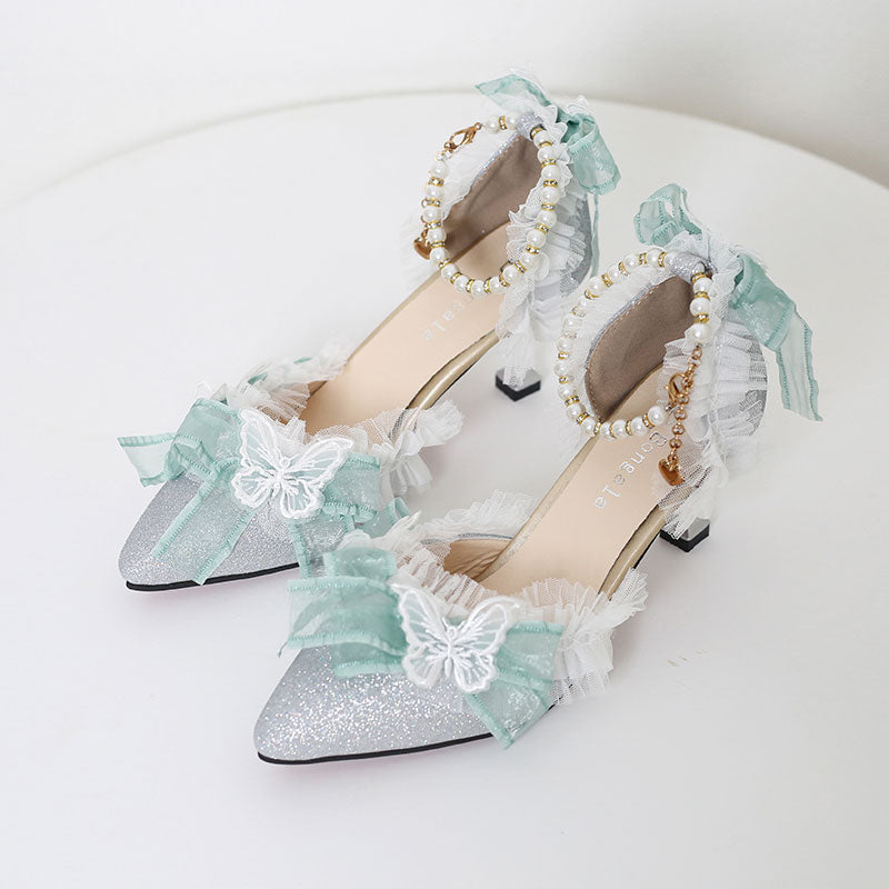 Pearl Lace Butterfly Heels Shoes SE23412