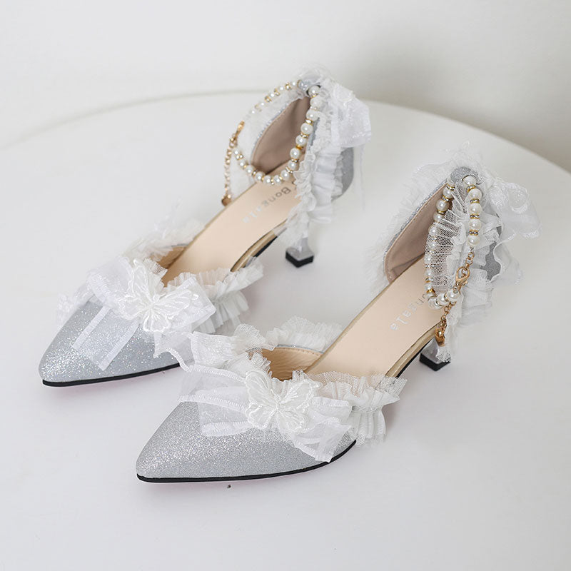 Pearl Lace Butterfly Heels Shoes SE23412