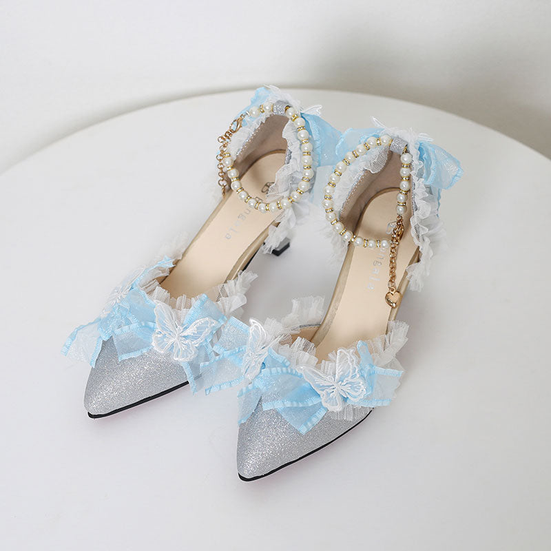 Pearl Lace Butterfly Heels Shoes SE23412
