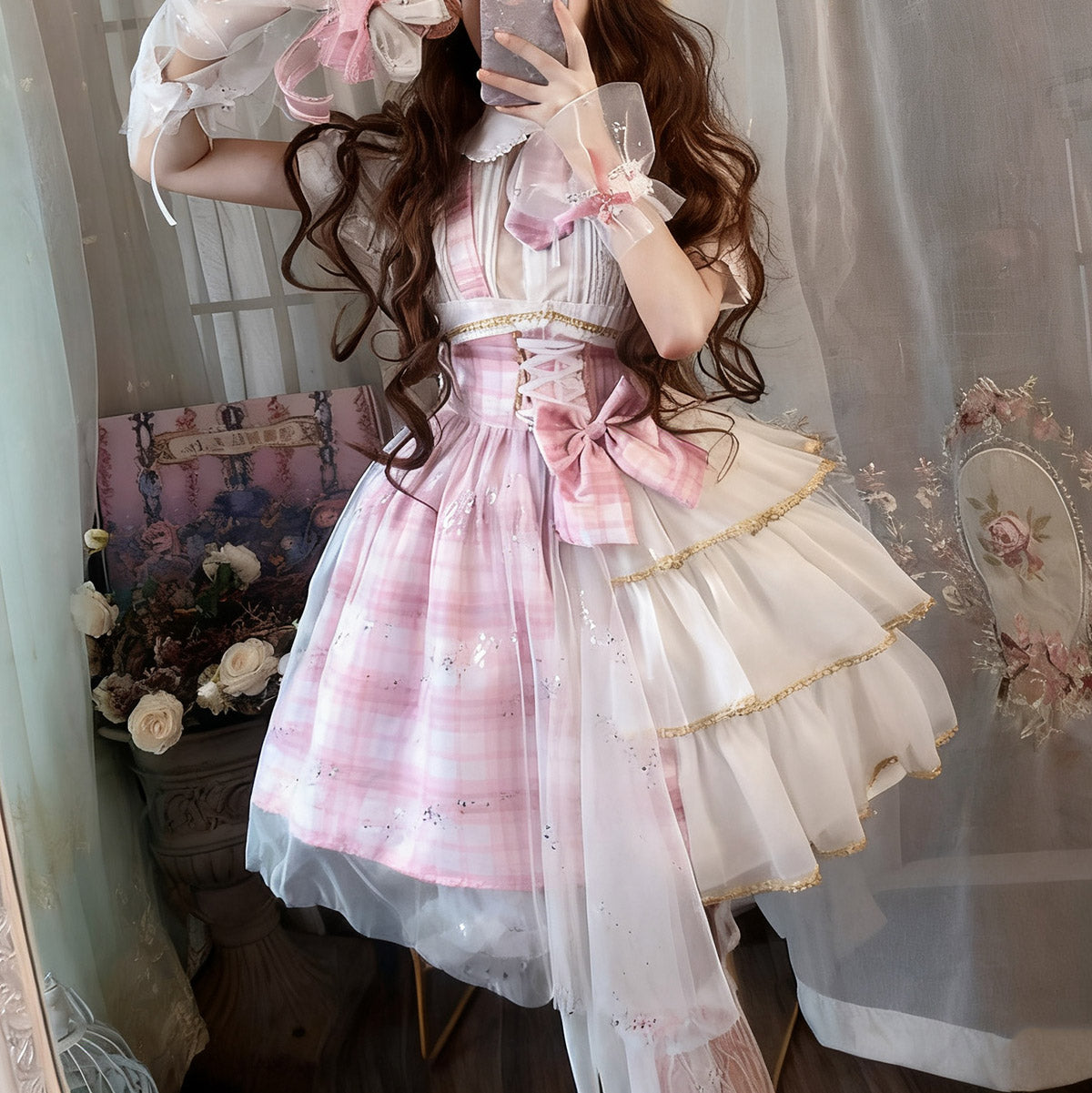 Pink Bow Plaid Suspender Skirt SE23776