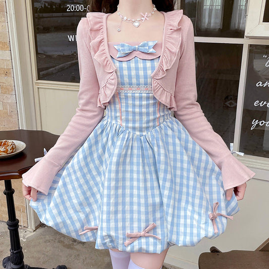 Pink Knitted Bow Plaid Dress Set SE23581