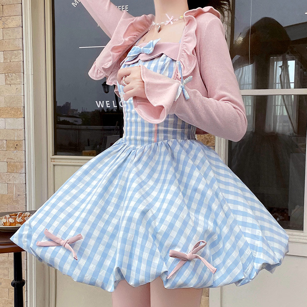 Pink Knitted Bow Plaid Dress Set SE23581