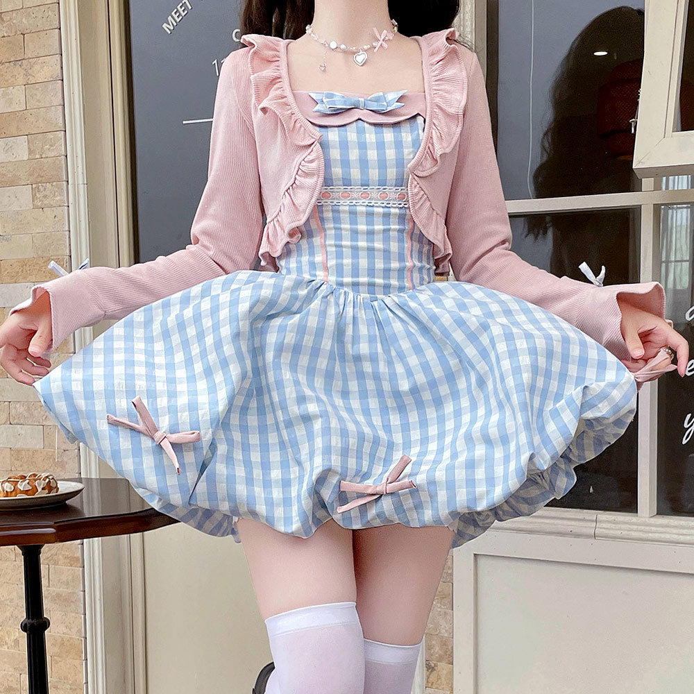 Pink Knitted Bow Plaid Dress Set SE23581