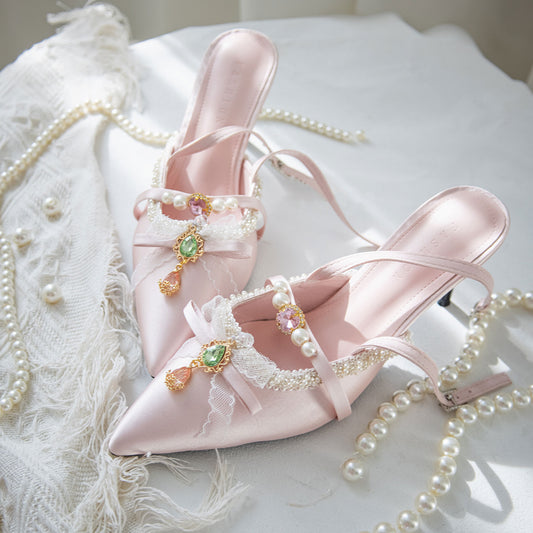 Pink Lace Bow Heels Shoes SE23550