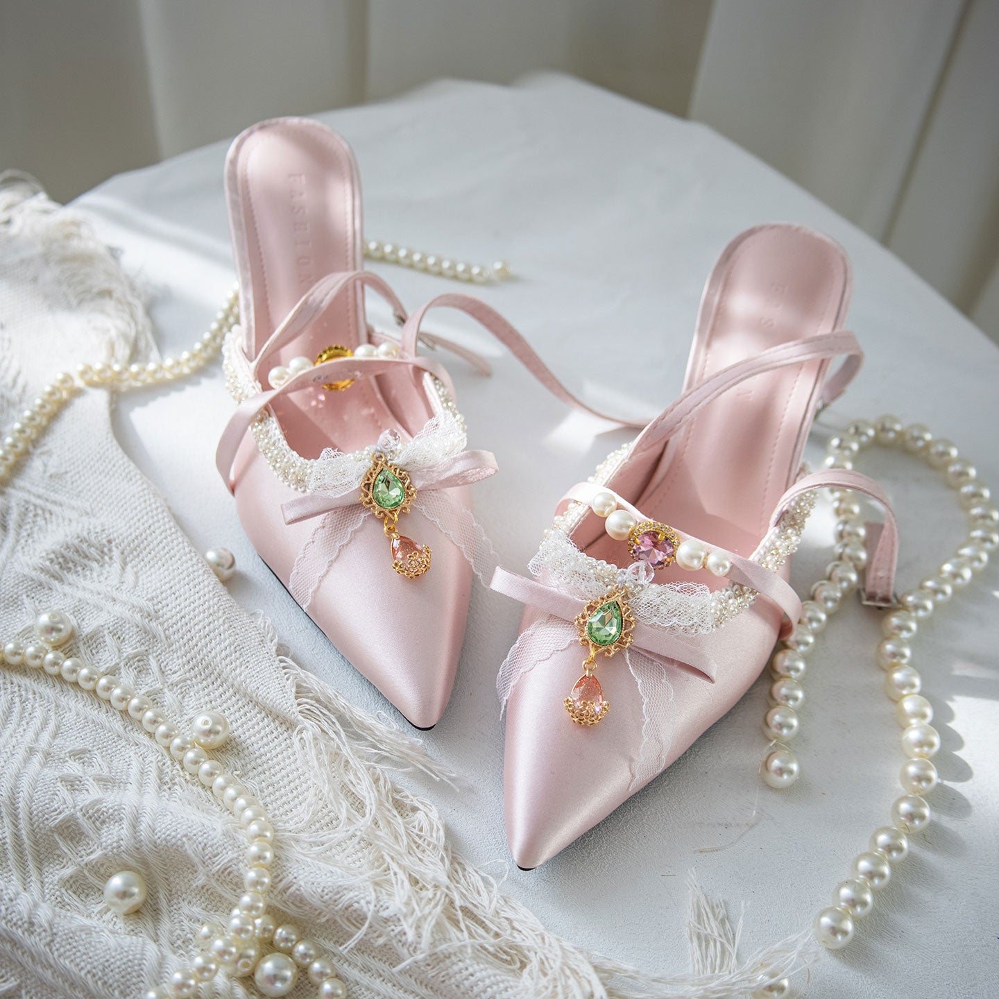 Pink Lace Bow Heels Shoes SE23550