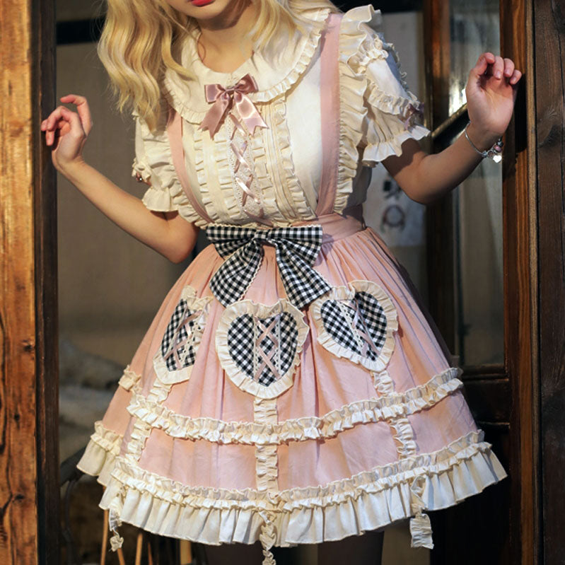 Plaid Bow Skirt Lace Top Set SE22964