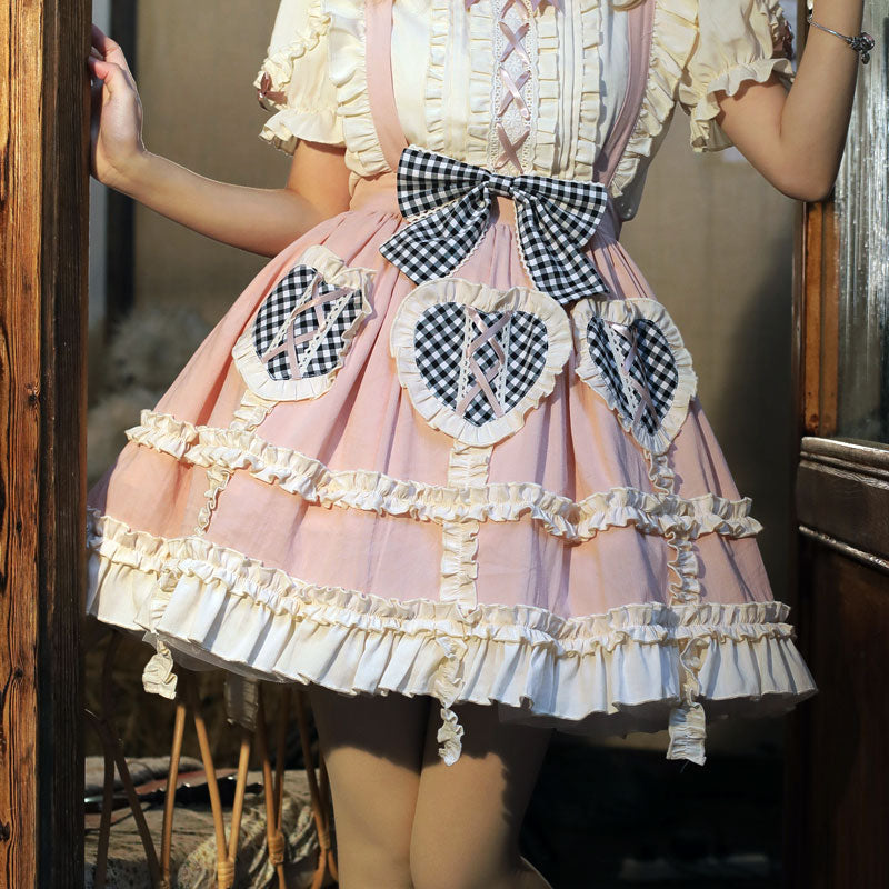 Plaid Bow Skirt Lace Top Set SE22964