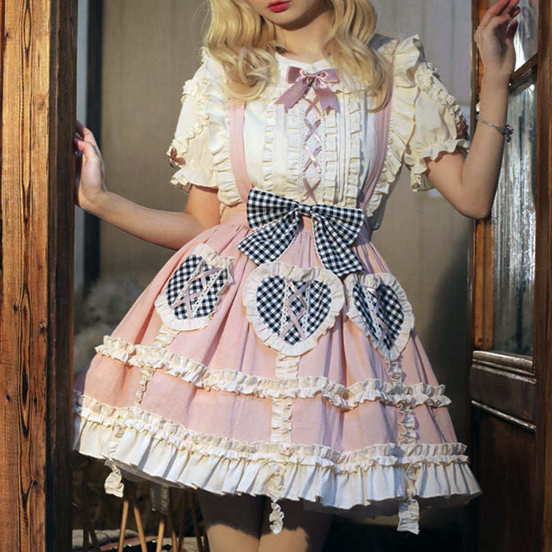 Plaid Bow Skirt Lace Top Set SE22964