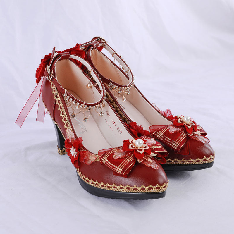 Red Flower Bow Heel Shoes SE23392
