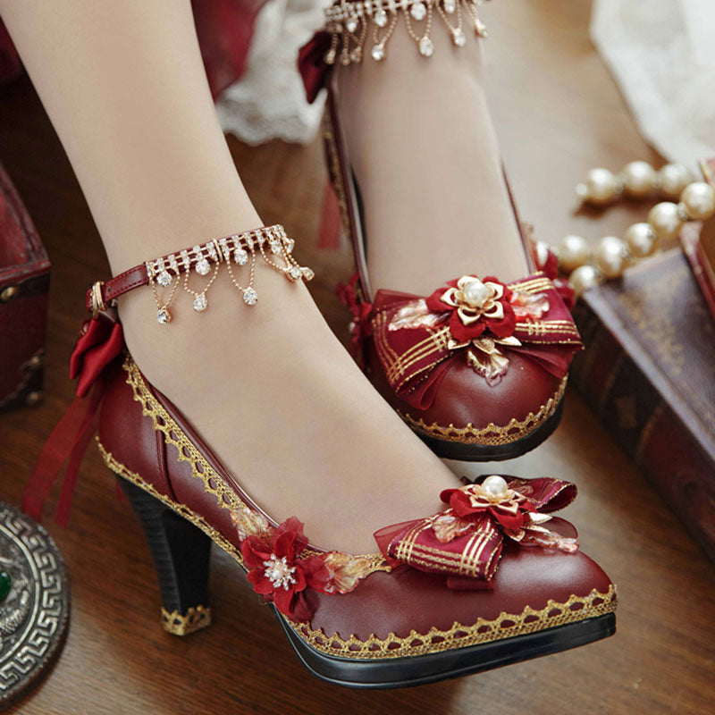 Red Flower Bow Heel Shoes SE23392