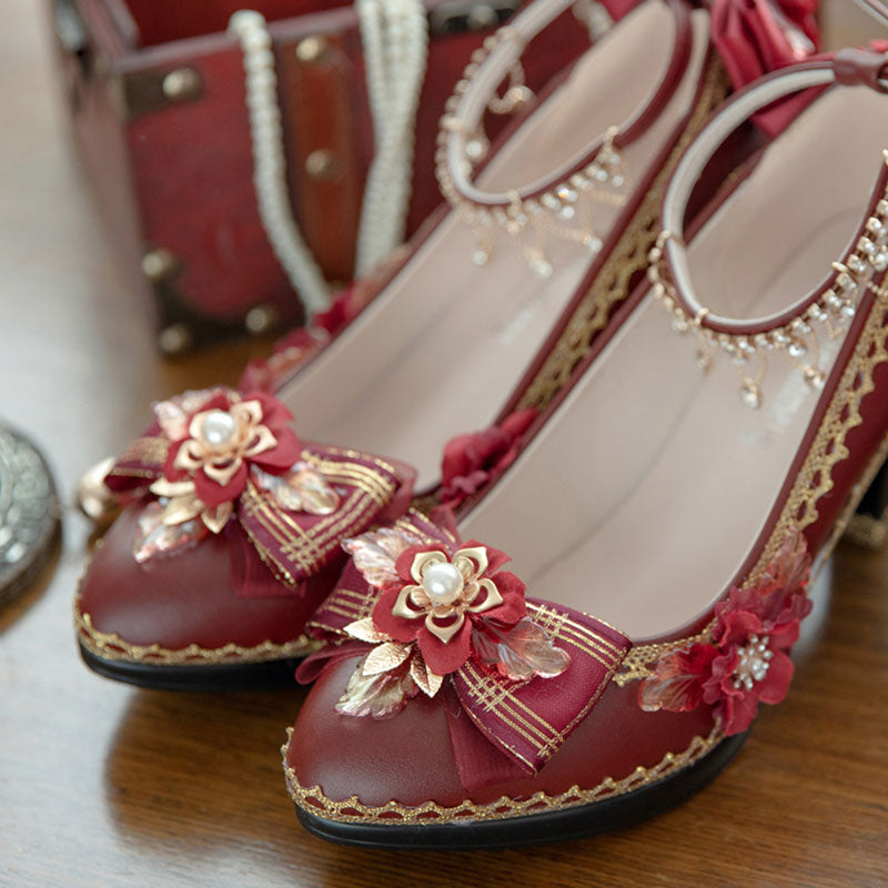 Red Flower Bow Heel Shoes SE23392