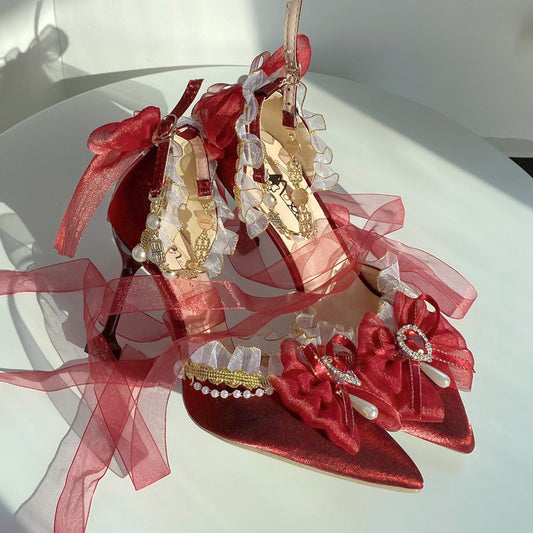 Red Lace Ribbon Heels with Pearls Bridal Shoes SE23560