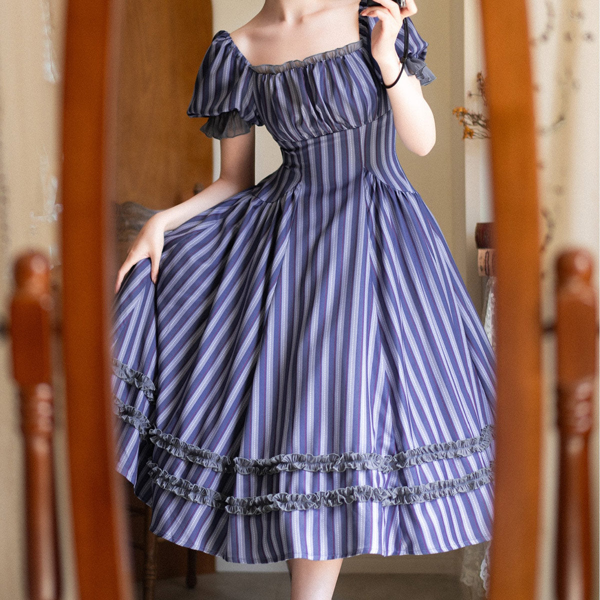 Retro Lace Blue Striped Dress SE23598
