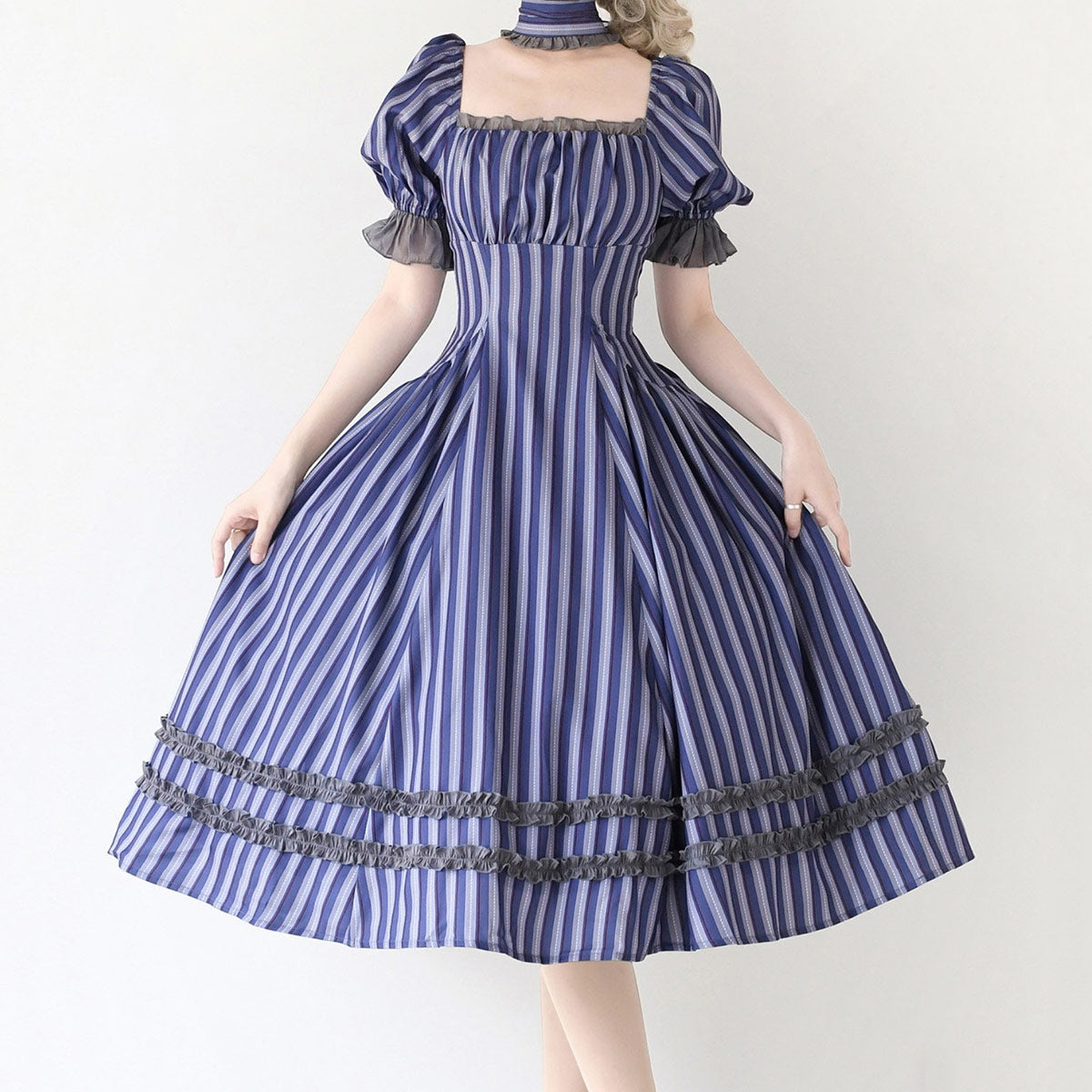 Retro Lace Blue Striped Dress SE23598