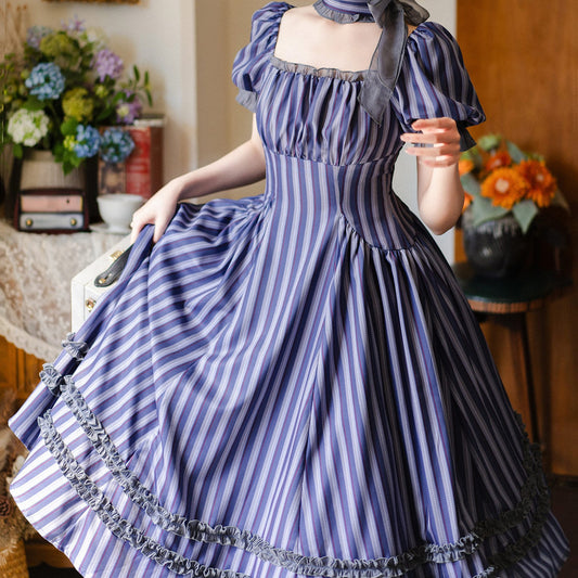 Retro Lace Blue Striped Dress SE23598