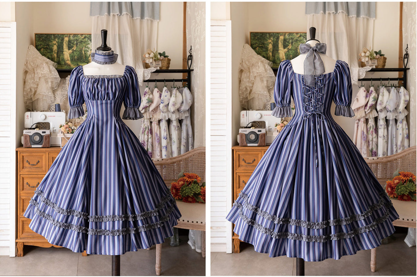Retro Lace Blue Striped Dress SE23598