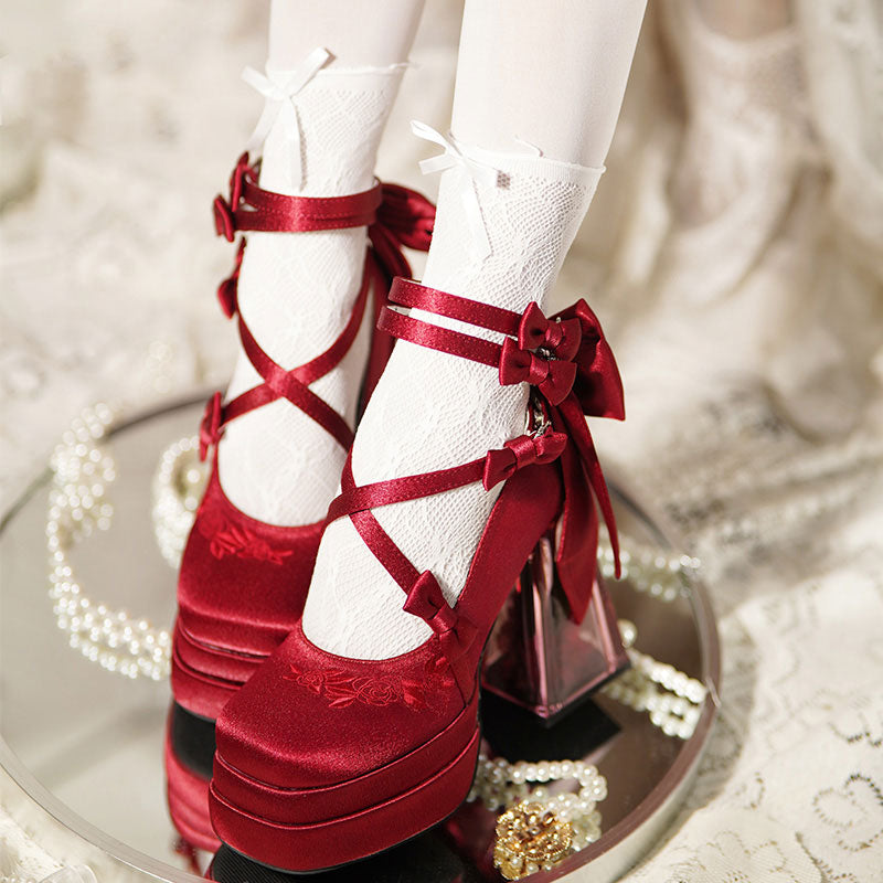 Rose Flower Bow Heels Shoes SE23374