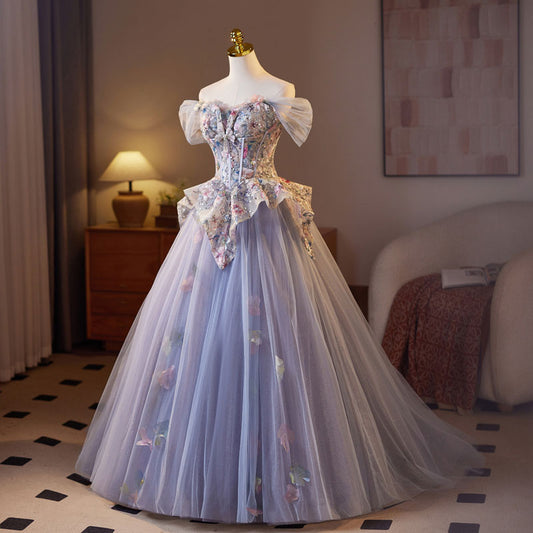 Sequined Flower Purple Lace Long Dress SE23501