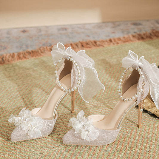 Shiny Pearl Flower Heels Shoes SE23697