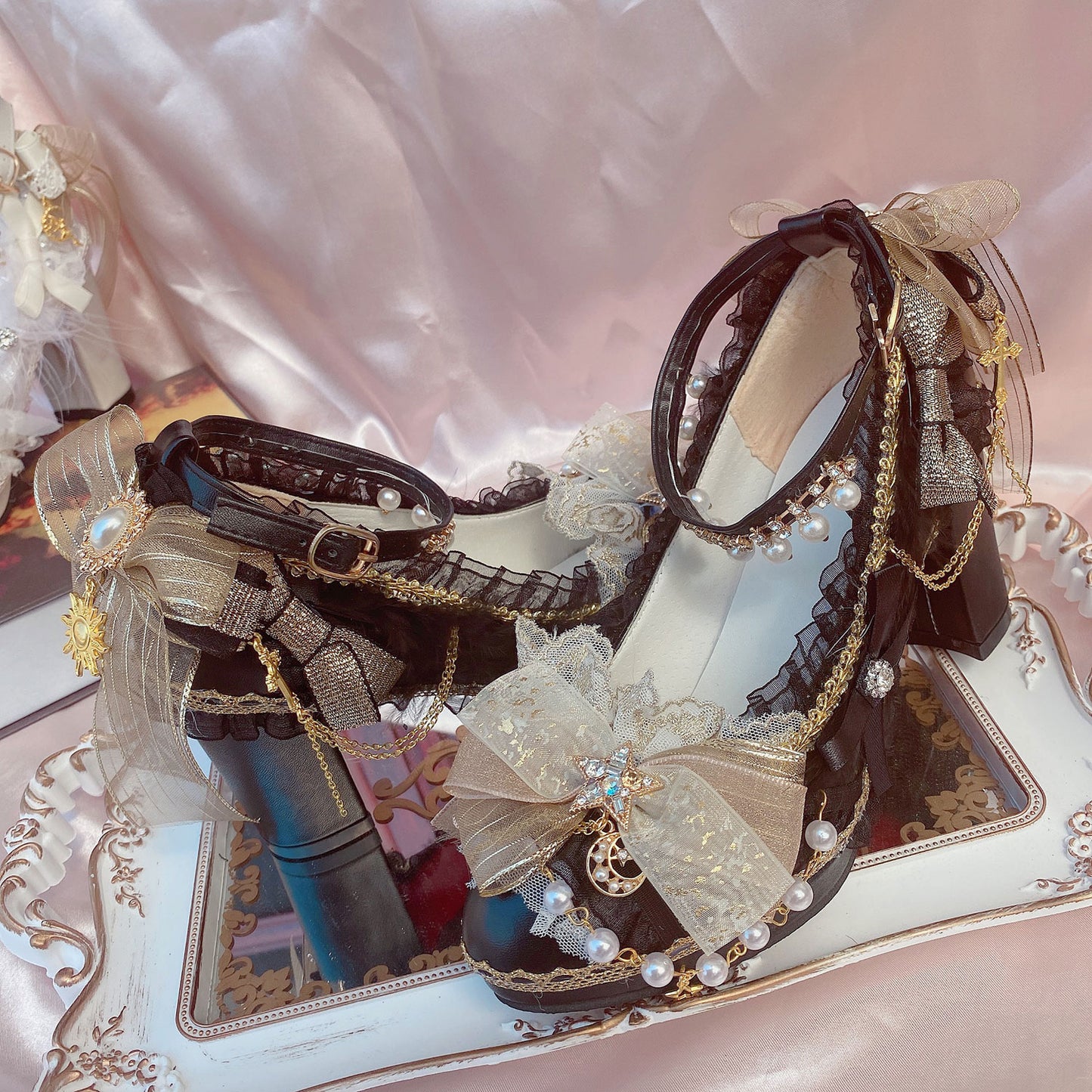 Star Moon Lace Bow Heels SE23391