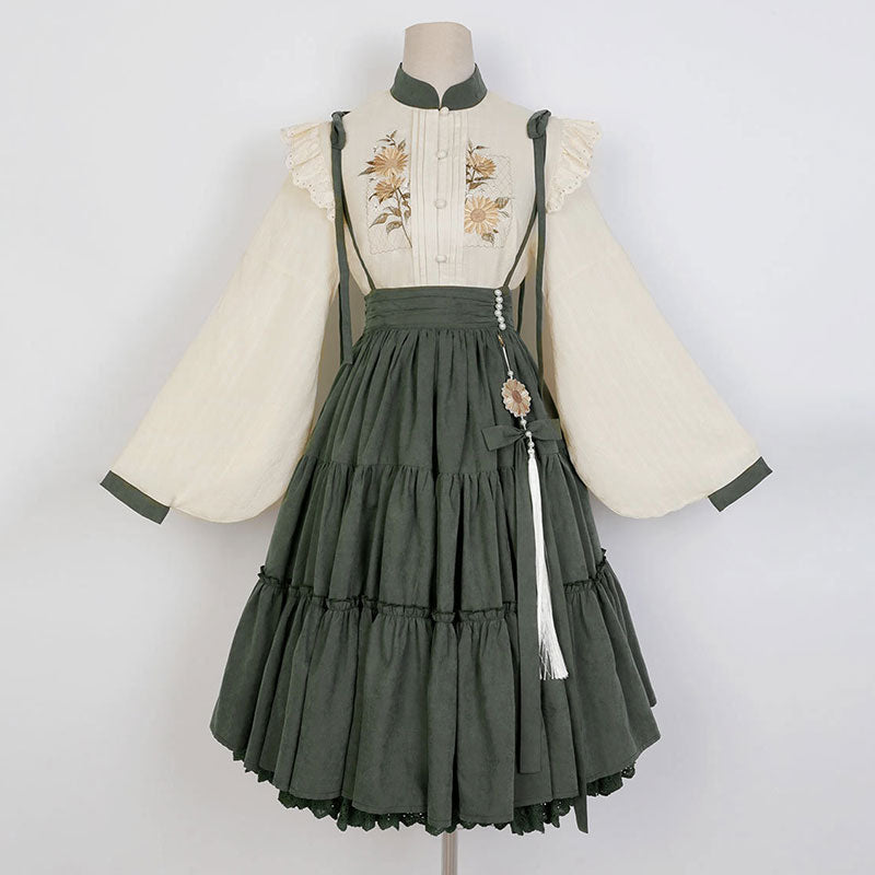 Floral Blouse Fringed Green Skirt Set SE22984