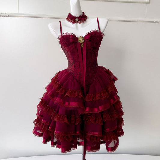 Vintage Wine Red Lace Flower Dress SE23475